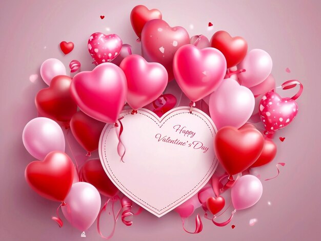 PSD beautiful cute happy valentines day holiday greeting card design with balloons hearts 3d art banner