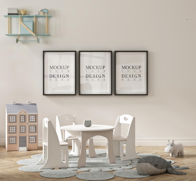 Beautiful cute kindergarten class room with mockup poster framed
