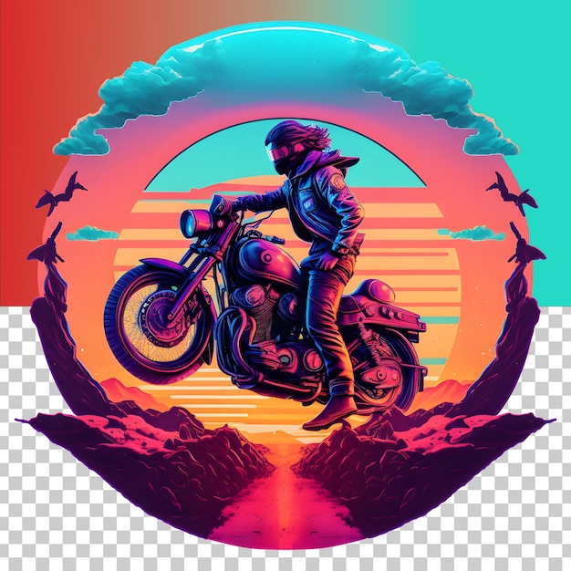 Bella arte digitale di un uomo che guida una moto su una spiaggia al tramonto