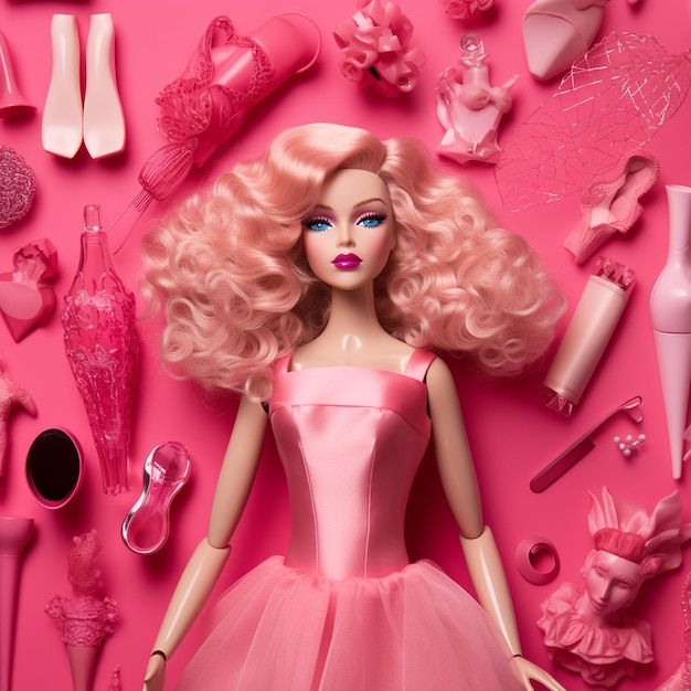 Beautiful doll in an elegant dress posed against a neutral pink background doll accessories concept