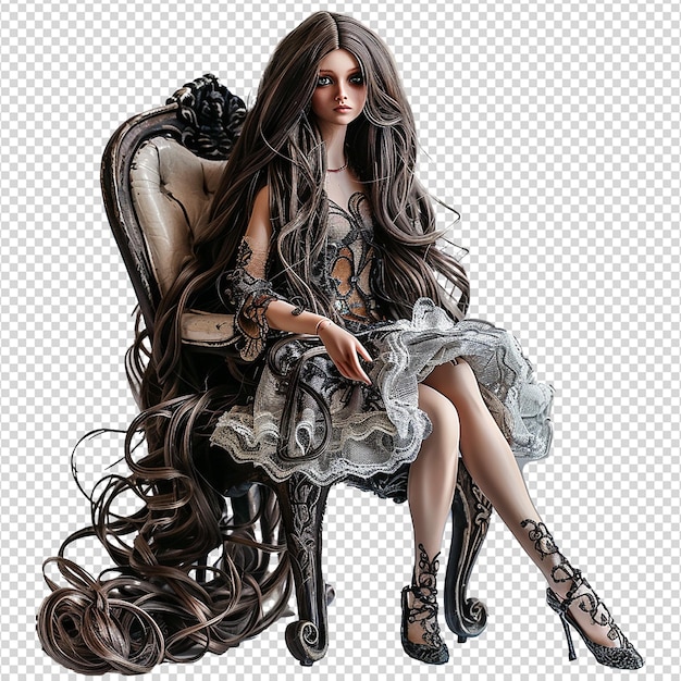 PSD a beautiful doll with long hair on a chair on transparent background