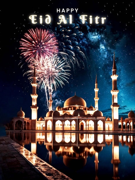 Beautiful eid al fitr mosque poster with beautiful night sky background