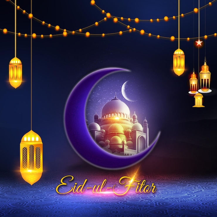 PSD beautiful eid-ul-fitr illustration with crescent moon mosque and lanterns