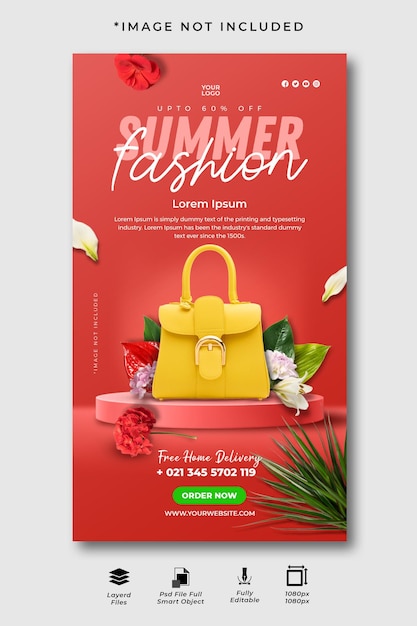 PSD beautiful elegance and luxury fashion yellow women handbag social media instagram story