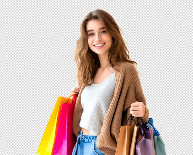 Beautiful european shopaholic woman smiling holding shopping bags against white studio background