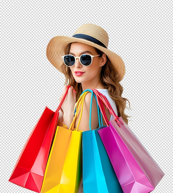 PSD beautiful european shopaholic woman smiling holding shopping bags against white studio background