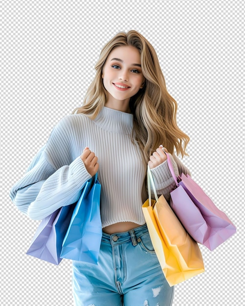 Beautiful european shopaholic woman smiling holding shopping bags against white studio background