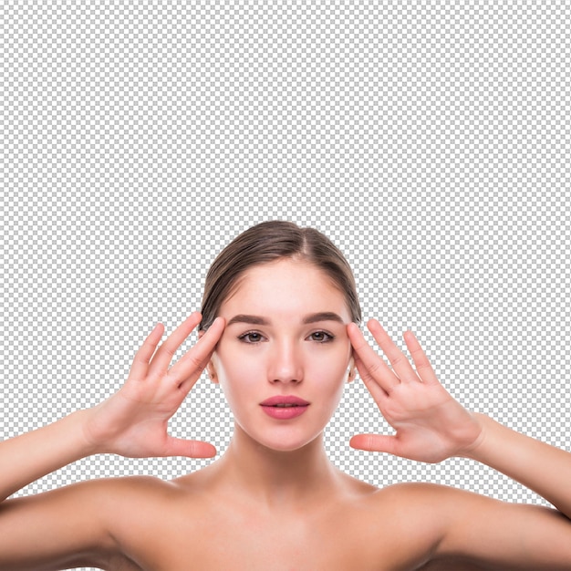 Beautiful face of young woman with clean fresh skin isolated on white wall