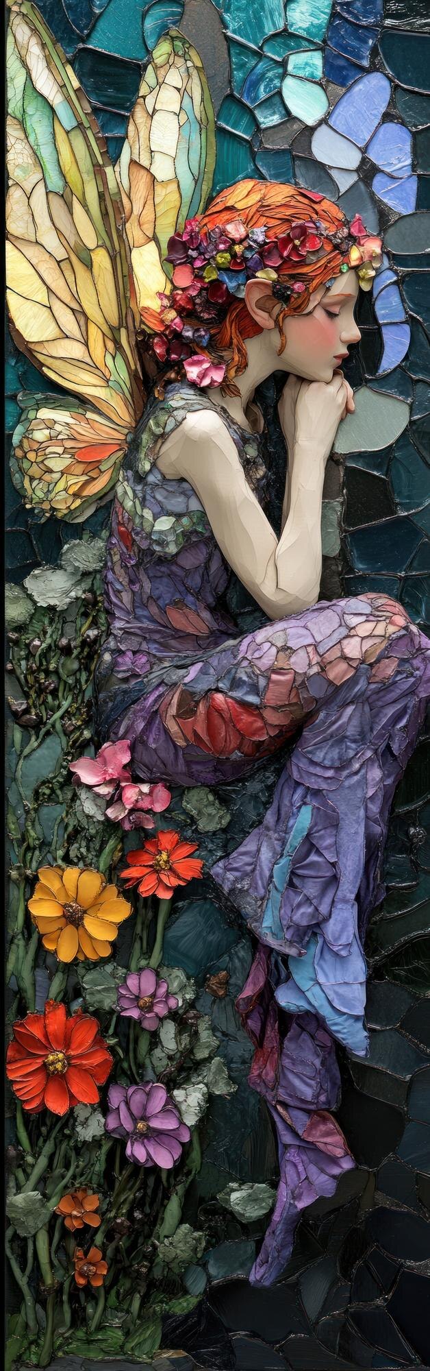 PSD a beautiful fairy with wings sits on a bed of flowers looking wistfully off to the side