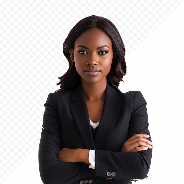 PSD beautiful female african american business woman ceo in a suit isolated on white isolated background standing confidently with arms folded