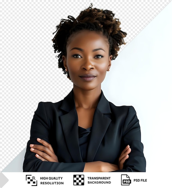 Beautiful female african american business woman ceo in a suit standing confidently with arms folded