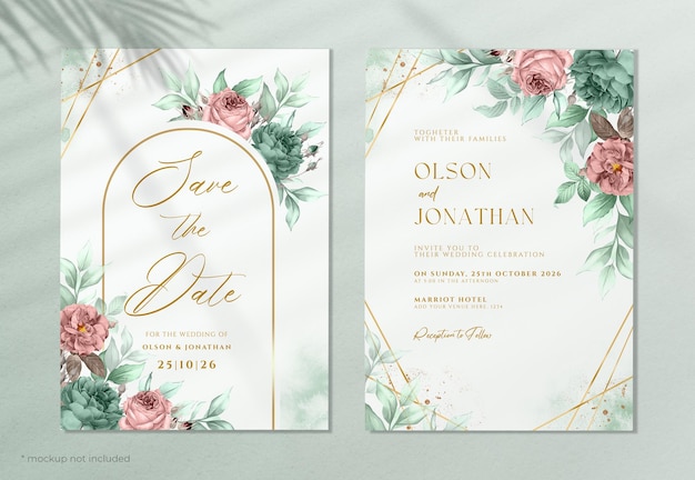 PSD beautiful floral wedding invitation card set