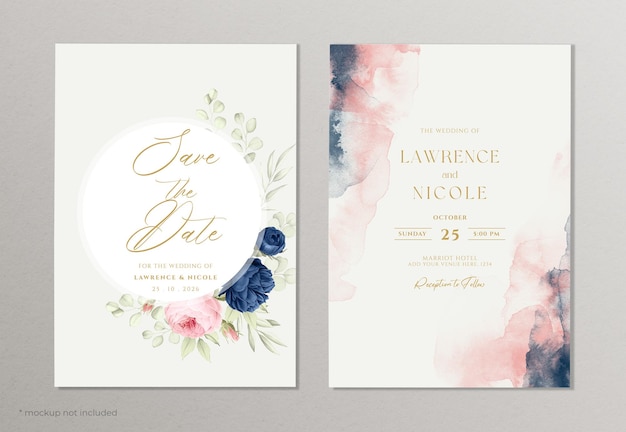 PSD 水彩画と葉の装飾で設定された美しい花の結婚式の招待状のテンプレート