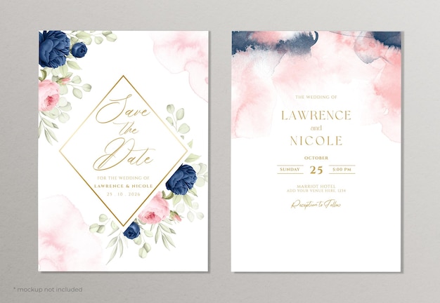 PSD beautiful floral wedding invitation template set with watercolor and leaves decoration