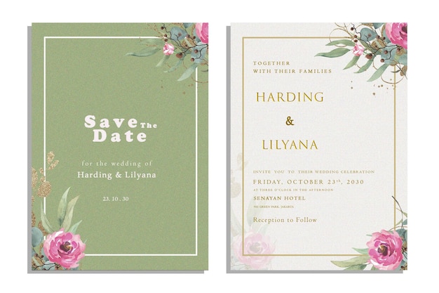 Beautiful floral wreath wedding invitation card template psd