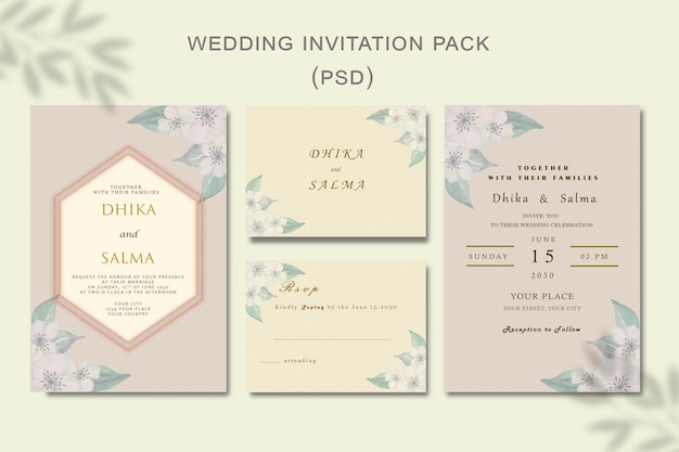 PSD 美しい花の花輪の結婚式の招待カードのテンプレートpsd