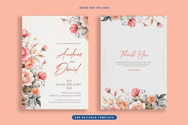 PSD beautiful flower illustration wedding invitation card set