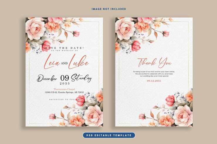 PSD beautiful flower illustration wedding invitation card set