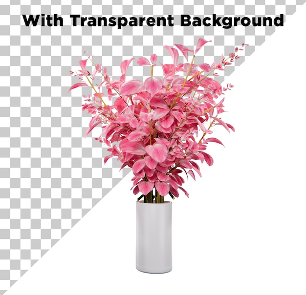 Beautiful Flower Pot or Vase with Pink Flowers and Leaves PNG PSD Isolated on Transparent Background