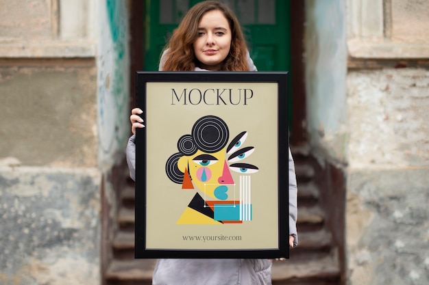 PSD beautiful frame model mockup held by girl