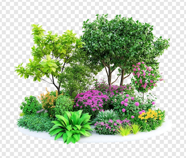 Beautiful Garden Landscape with Lush Green Trees and Colorful Flowers