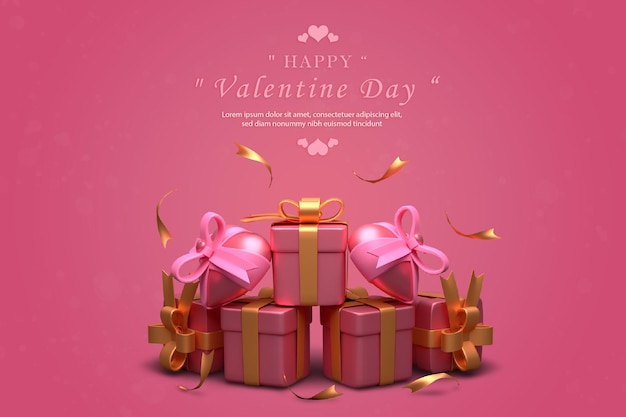 ピンク色の正面図と美しいギフトボックスのバレンタイン