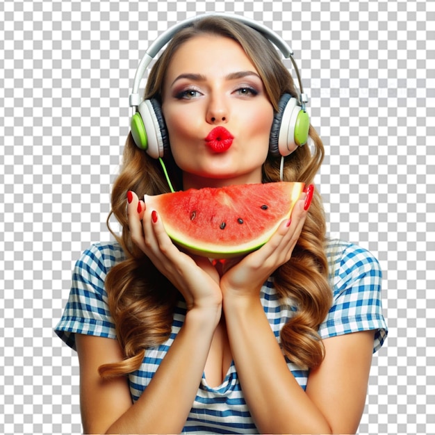 PSD beautiful girl in headphones listening to music and holding watermelon lips posing