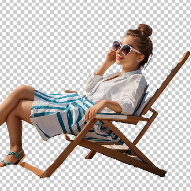 太陽眼鏡をかぶった美しい女の子がビーチチェアでリラックスし白に隔離されています