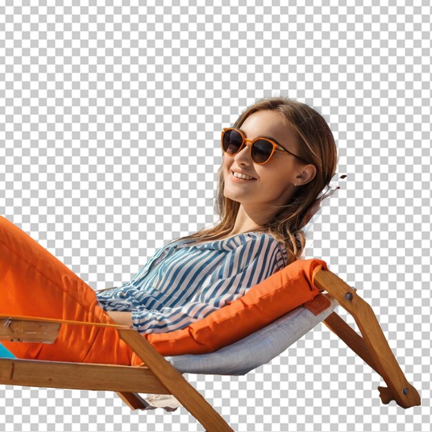 Красивая девушка в солнцезащитных очках расслабляется на пляжном стуле, изолированном на белом.