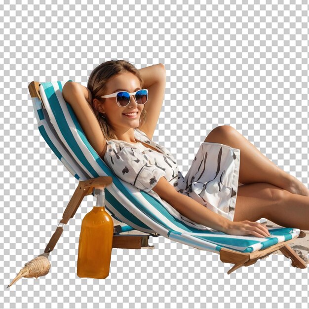 PSD Красивая девушка в солнцезащитных очках расслабляется на пляжном стуле, изолированном на белом.