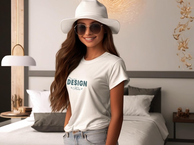 PSD beautiful girl model wearing a white tshirt mockup with a standing luxury city background