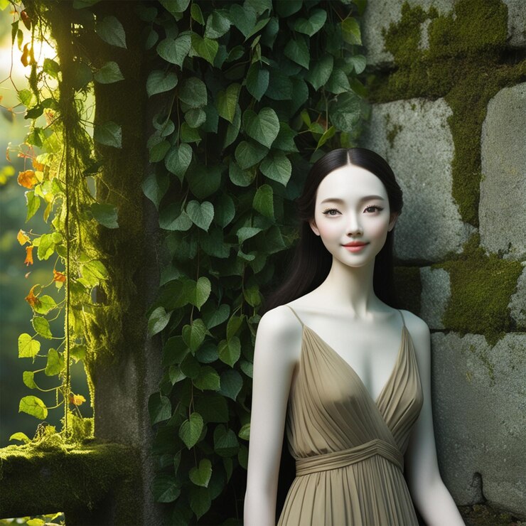 PSD 美麗的女孩站在牆旁邊,上面有葉子