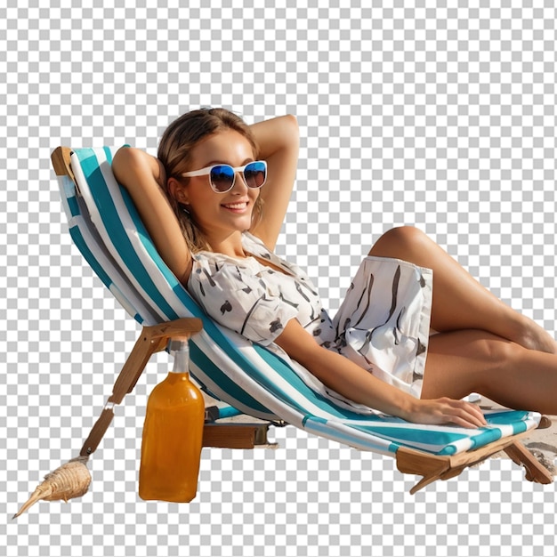 Beautiful girl in sunglasses relaxing on beach chair isolated on white