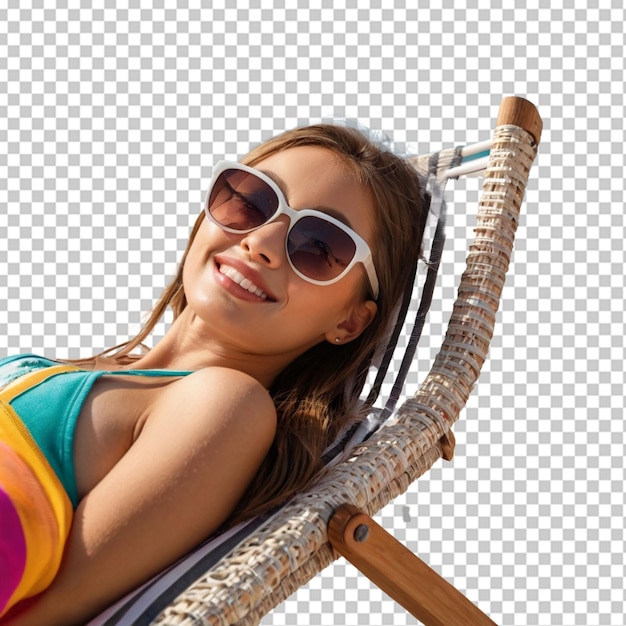 PSD beautiful girl in sunglasses relaxing on beach chair isolated on white