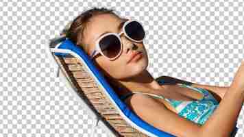 PSD beautiful girl in sunglasses relaxing on beach chair isolated on white