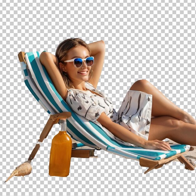 PSD beautiful girl in sunglasses relaxing on beach chair isolated on white