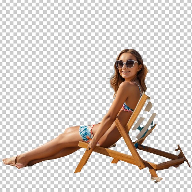 PSD beautiful girl in sunglasses relaxing on beach chair isolated on white