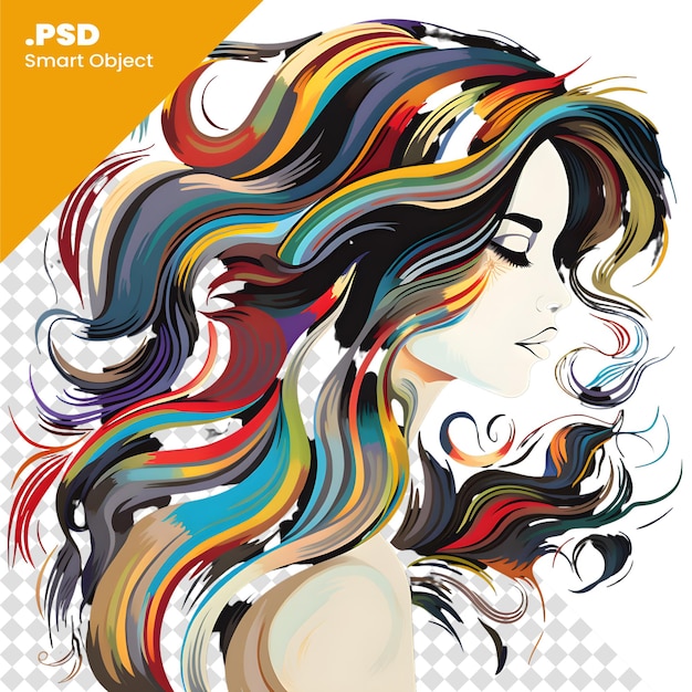 PSD bella ragazza con i capelli lunghi illustrazione vettoriale su sfondo nero modello psd