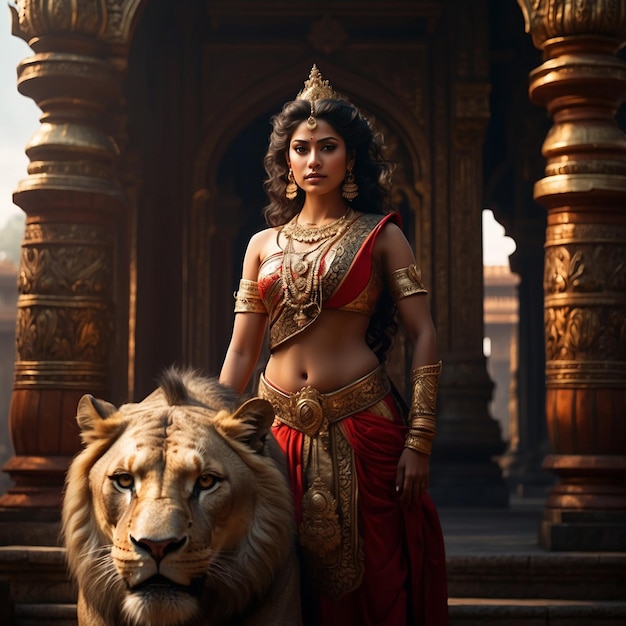 PSD beautiful goddess in front of the temple with lion