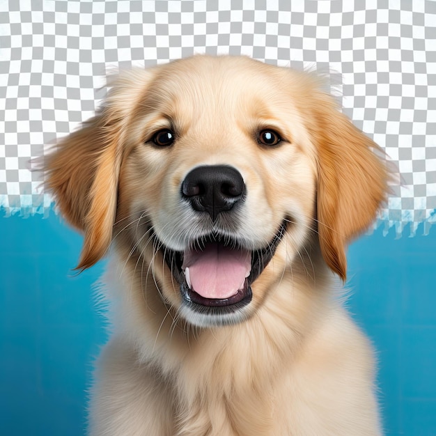 PSD bellissimo cucciolo di golden retriever isolato su sfondo blu ritratto dello studio del cane vista frontale isolato su sfondo trasparente