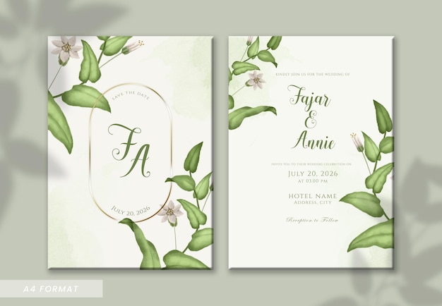 PSD beautiful green leaves watercolor wedding invitation template