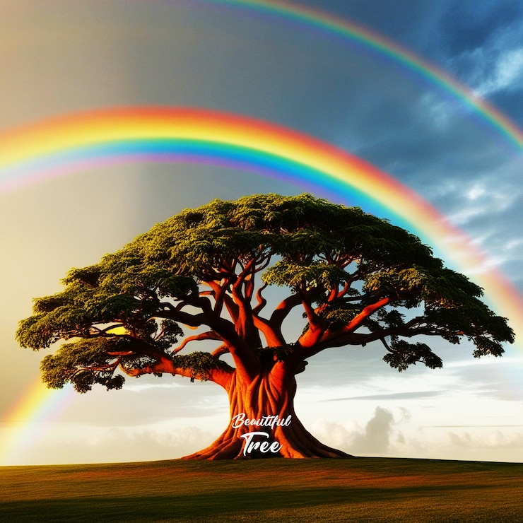 PSD beautiful green tree in nature with rainbow in the sky ai generate