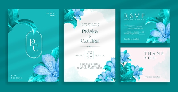 Beautiful green wedding invitation with watercolor flower ornaments