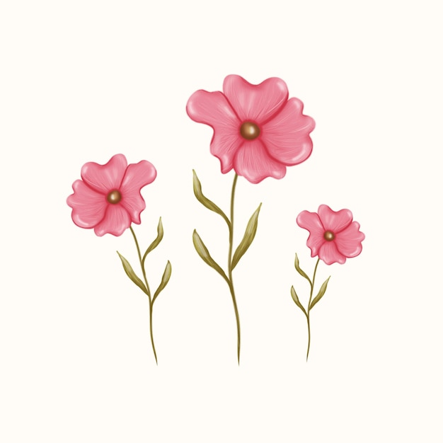 PSD beautiful hand drawing pink floral illustration with pencil texture