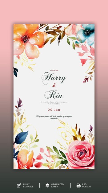 PSD beautiful hand drawn floral wedding invitation cards template