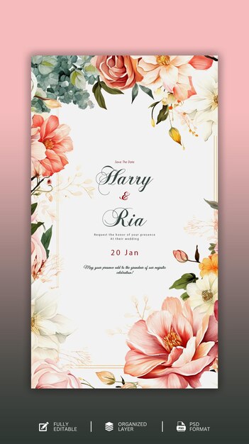 PSD beautiful hand drawn floral wedding invitation cards template