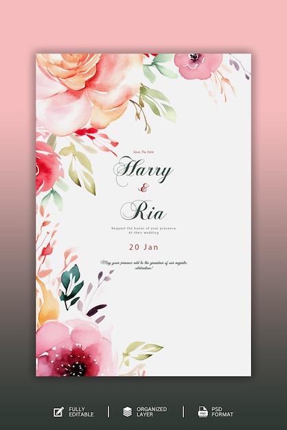 Beautiful hand drawn floral wedding invitation cards template