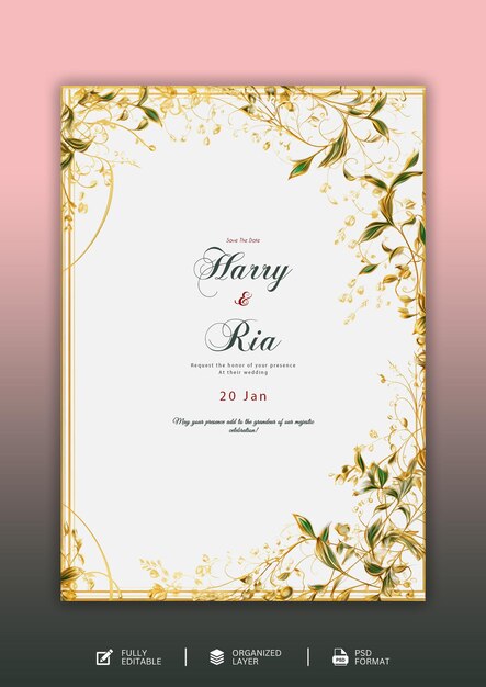 PSD beautiful hand drawn floral wedding invitation cards template