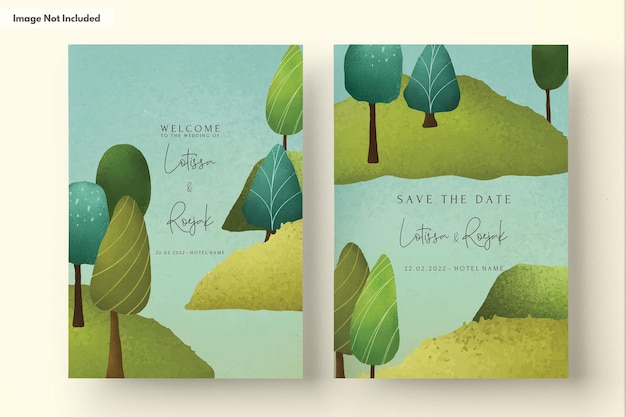 PSD beautiful hand drawn greenery scenery and tree invitation card template