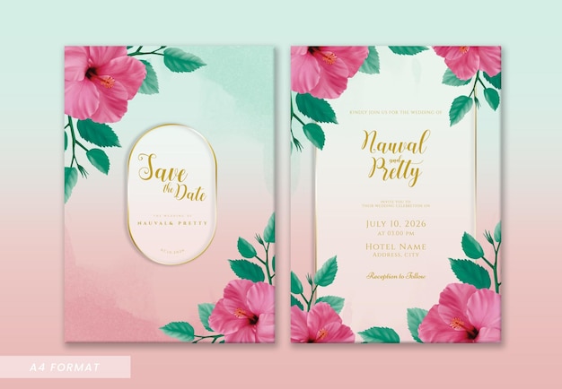 PSD beautiful hibiscus watercolor double sided wedding invitation template